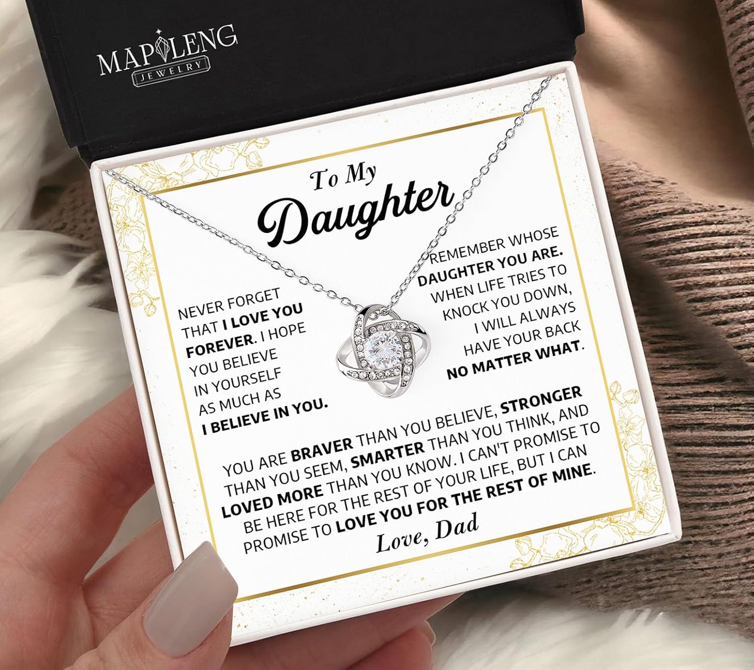 To My Daughter Love Knot Necklace From Dad Mom, Gift For Daughter With Heartfelt Message & Elegant Box, Brother Gift On Graduation, Birthday, Wedding, Christmas & More