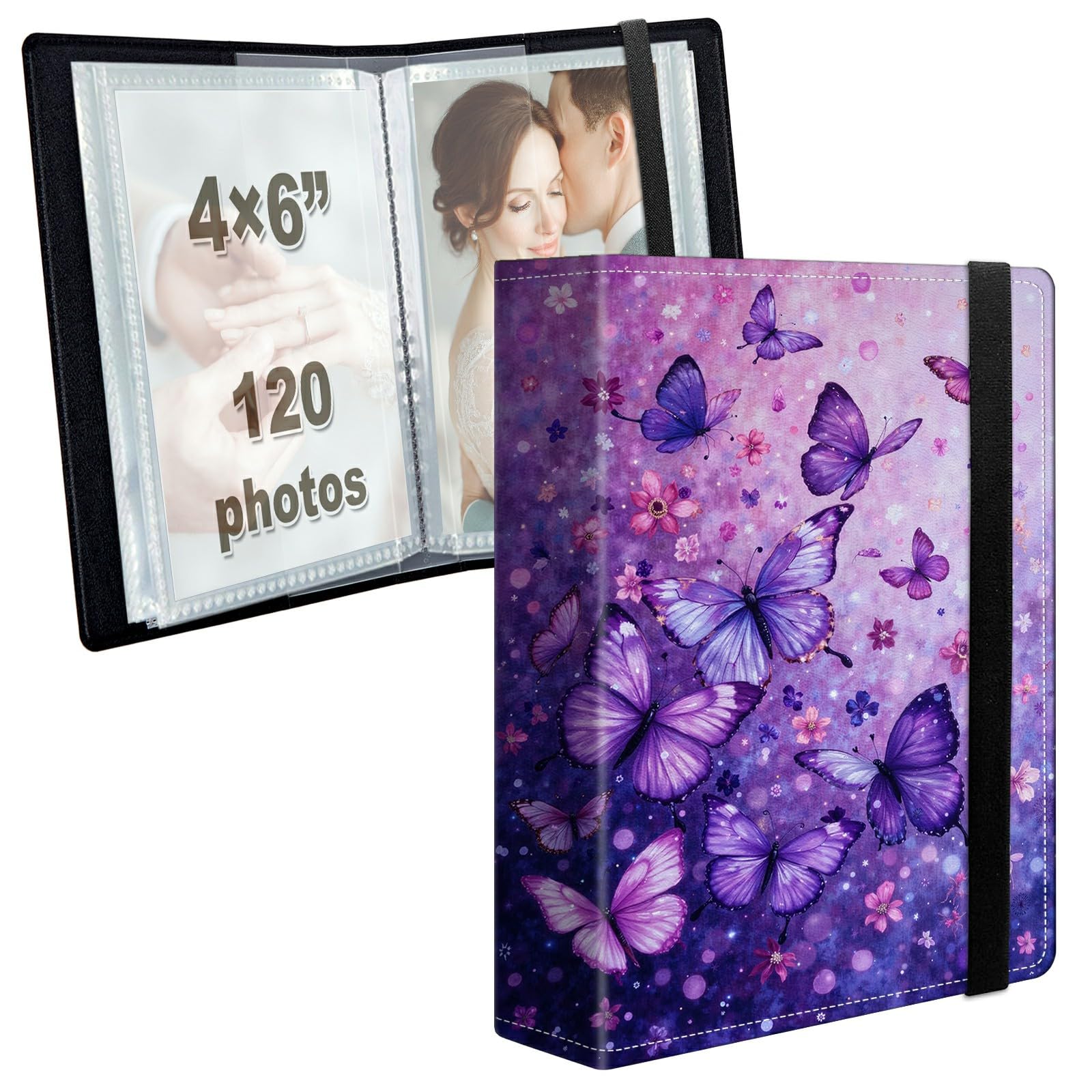 Photo Album 4x6 120 Photos with Strong Elastic Band, Purple Butterfly