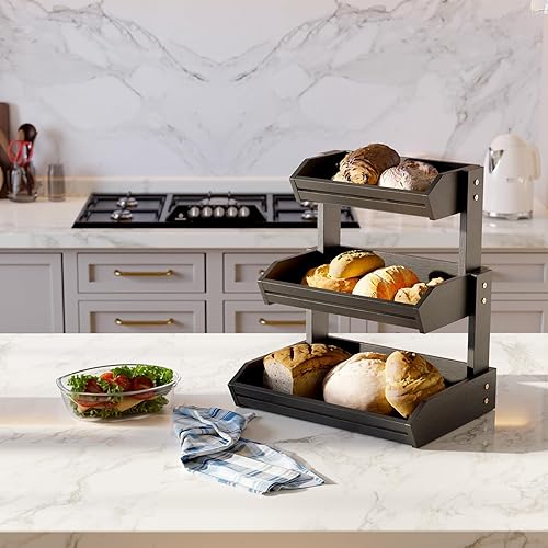 Miniatura 6 de HOLANA Frutero de madera de acacia  Frutero de 3 niveles para encimera de cocina, extra grande de 16 x 12.5 x 18 pulgadas, Fruteros para Cocina,