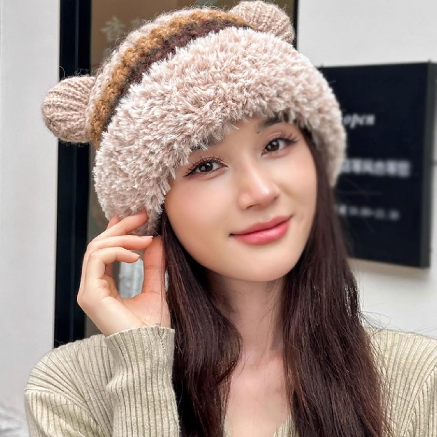 Women's Cute Bear Ear Winter Hat, Knitted Windproof Ear Protection Pullover for Outdoor & Ski Activities