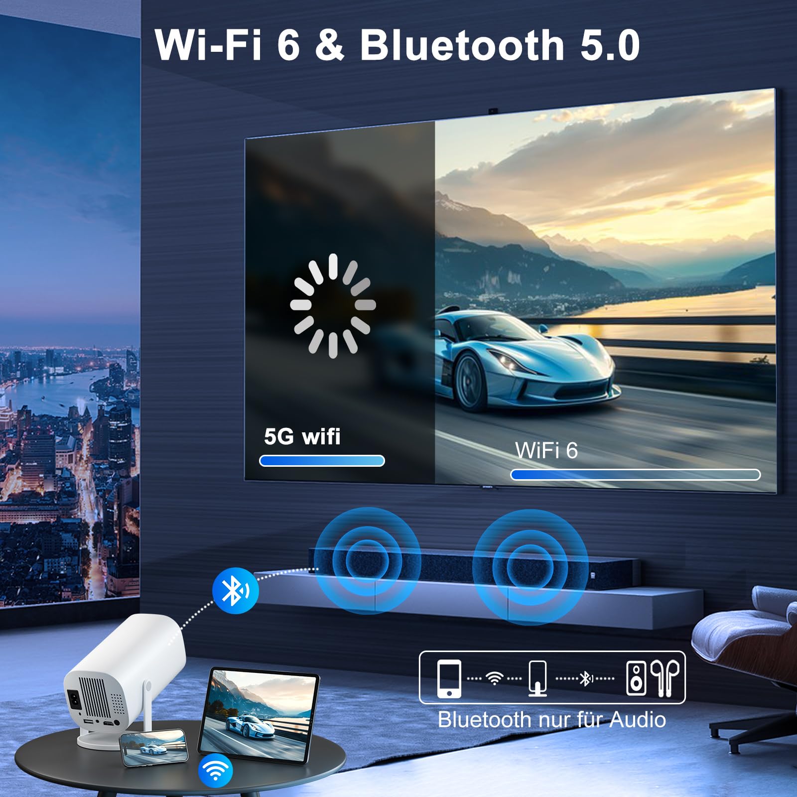 Mini proiettore Smart Full HD 1080P, piccolo proiettore home cinema con WiFi 6 e Bluetooth 5.2, supporta la correzione trapezoidale automatica, girevole a 180°, compatibile con HDMI/TV Stick/Memory