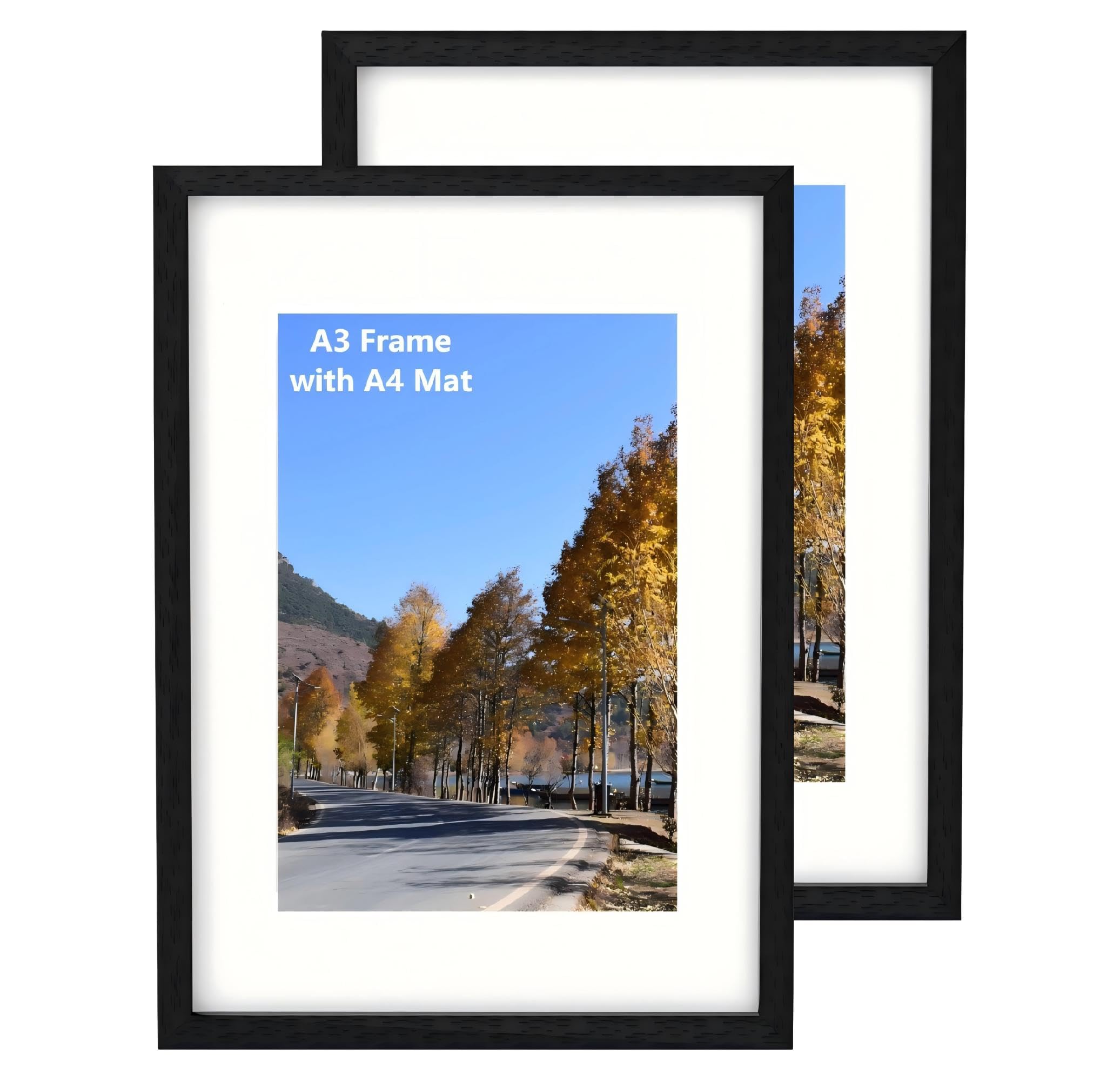 Szyeequoo Black A3 Picture Frame 2 Pack, Photo Frames with A4 Mat, Acrylic Front Safer Than Glass