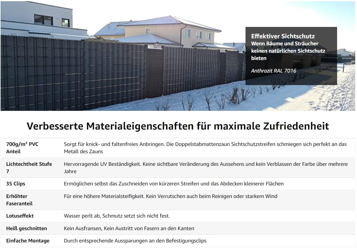 Zaun Sichtschutzstreifen für Doppelstabmatten - 35m 35Clips 700g Premium Doppelstabmattenzaun Sichtschutz für den Garten. Sichtschutz und Windschutz, Besonders Langlebig, Anthrazit (Anthrazit)