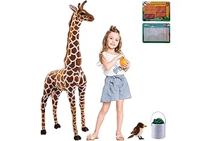 Enormous 47" Giraffe Stuffed Animal Set with Birds, Leaves and Basket