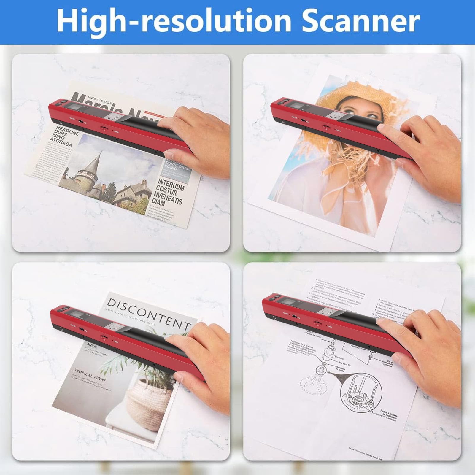 Scanner Portatile Scanner Fotografico 900 DPI Scanner per Documenti A4 Portatile per Foto Aziendali, Ricevute, Libri, Selezione Formato JPEG/PDF (rosso)