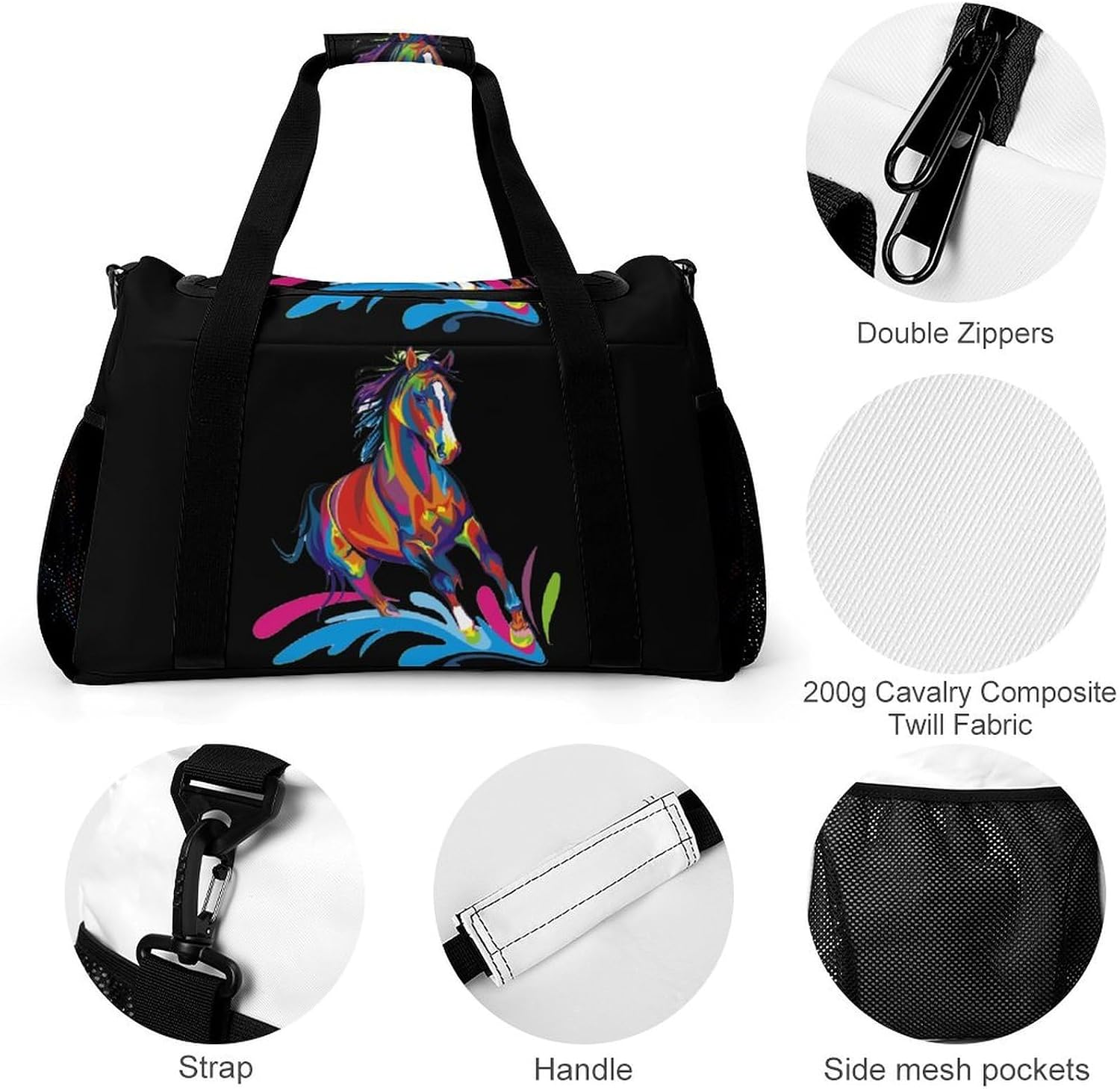 Colorful Horse Pop Art Gym Bag Weekender Duffle Bags for Travel Workout Yoga Sport image 3