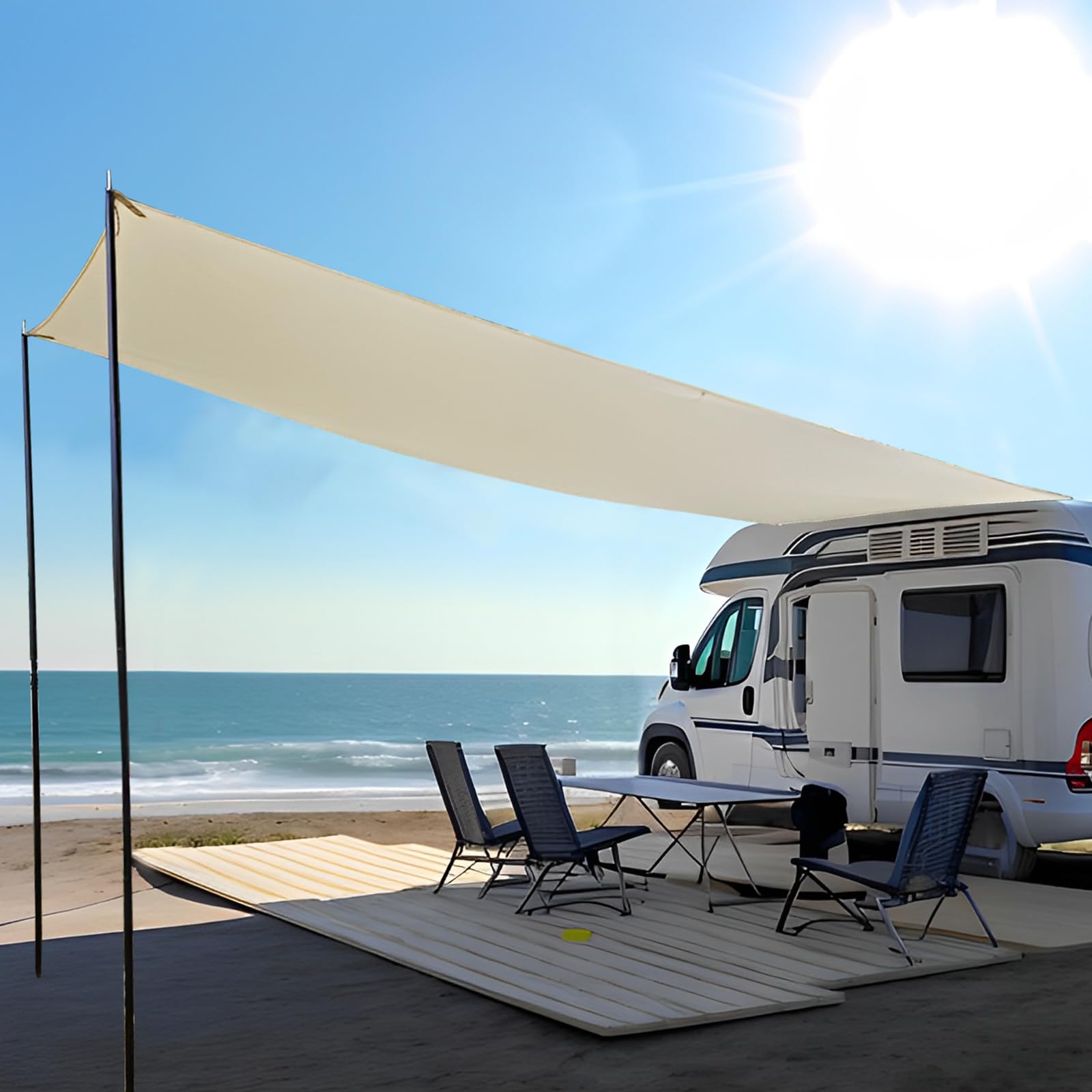 LIROPAU Auvent Caravane Travel, Motorhome Tarp avec 2 Piquets de Tente, 2 Ventouses, 4 Cordes à Vent, 4 Piquets de Sol pour Campeur, CampingCar, Van – 2 m (H) x 4,3 m (L)
