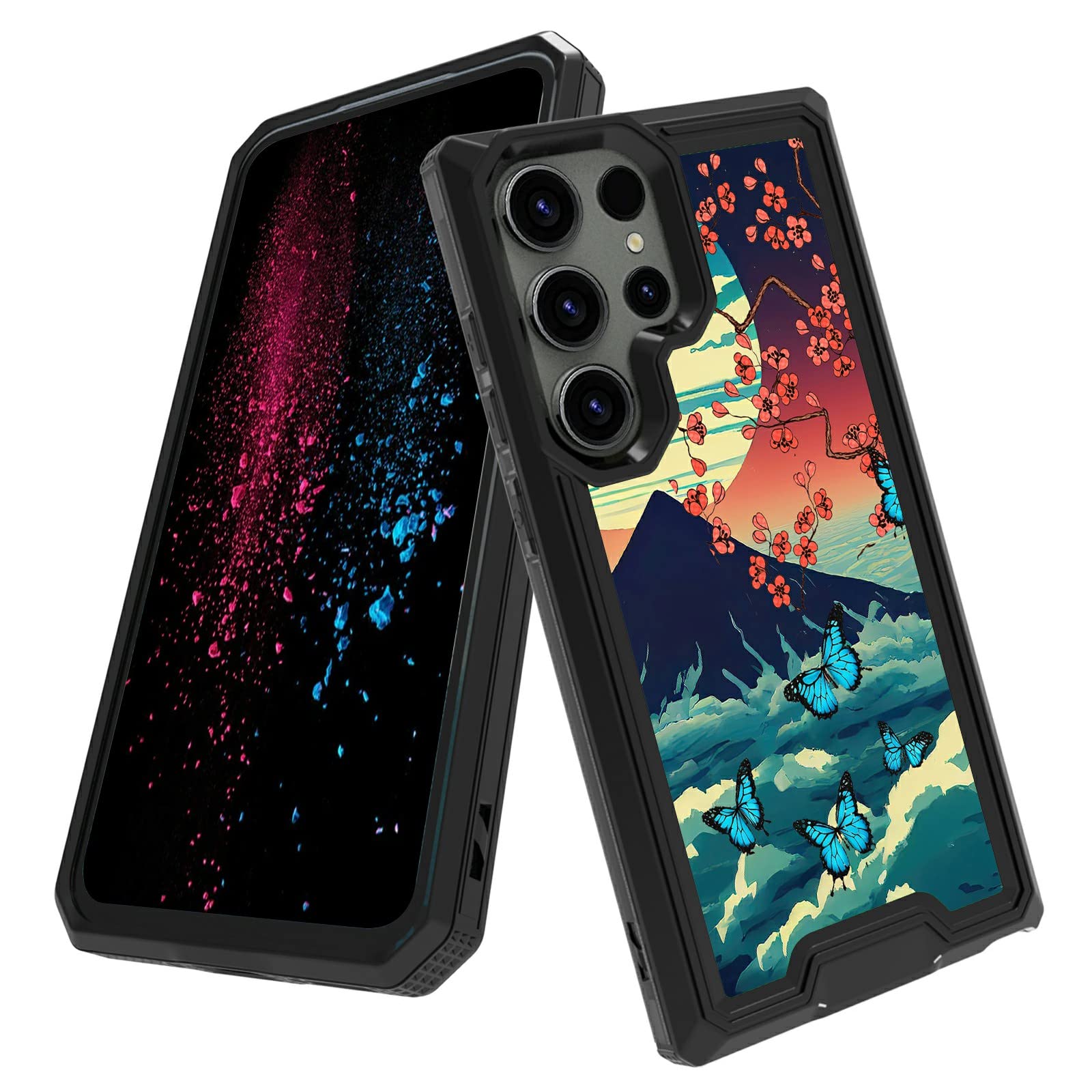 BWEGRHE for Samsung Galaxy S23 Ultra Case with Mount Fuji Sakura Butterfly Pattern Design, Dual Layer Hybrid Hard PC Soft TPU Inner Bumper Heavy Duty Rugged Shockproof Case for Galaxy S23 Ultra