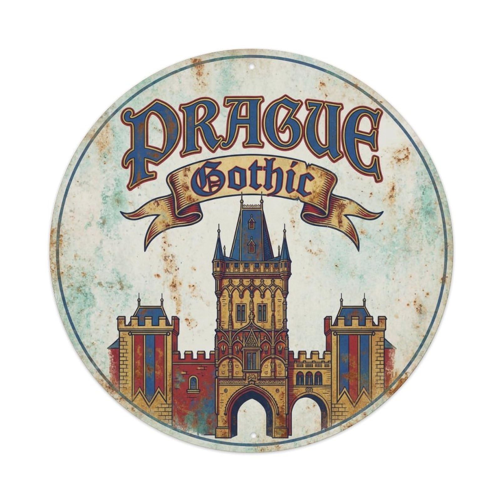 Vintage Travel Prague Czechia Medieval Metal Tin Sign