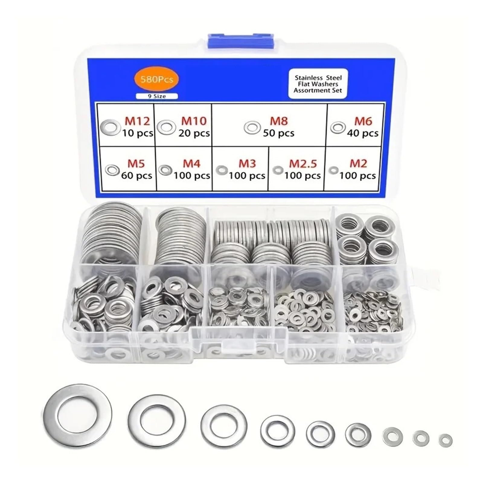 Assortiment de rondelles plates Assortiment de 80 à 580 pièces en acier inoxydable, Kit rondelles plates avec boîte rangement, plusieurs tailles (M2-M10) for vis et boulons(580Pcs)