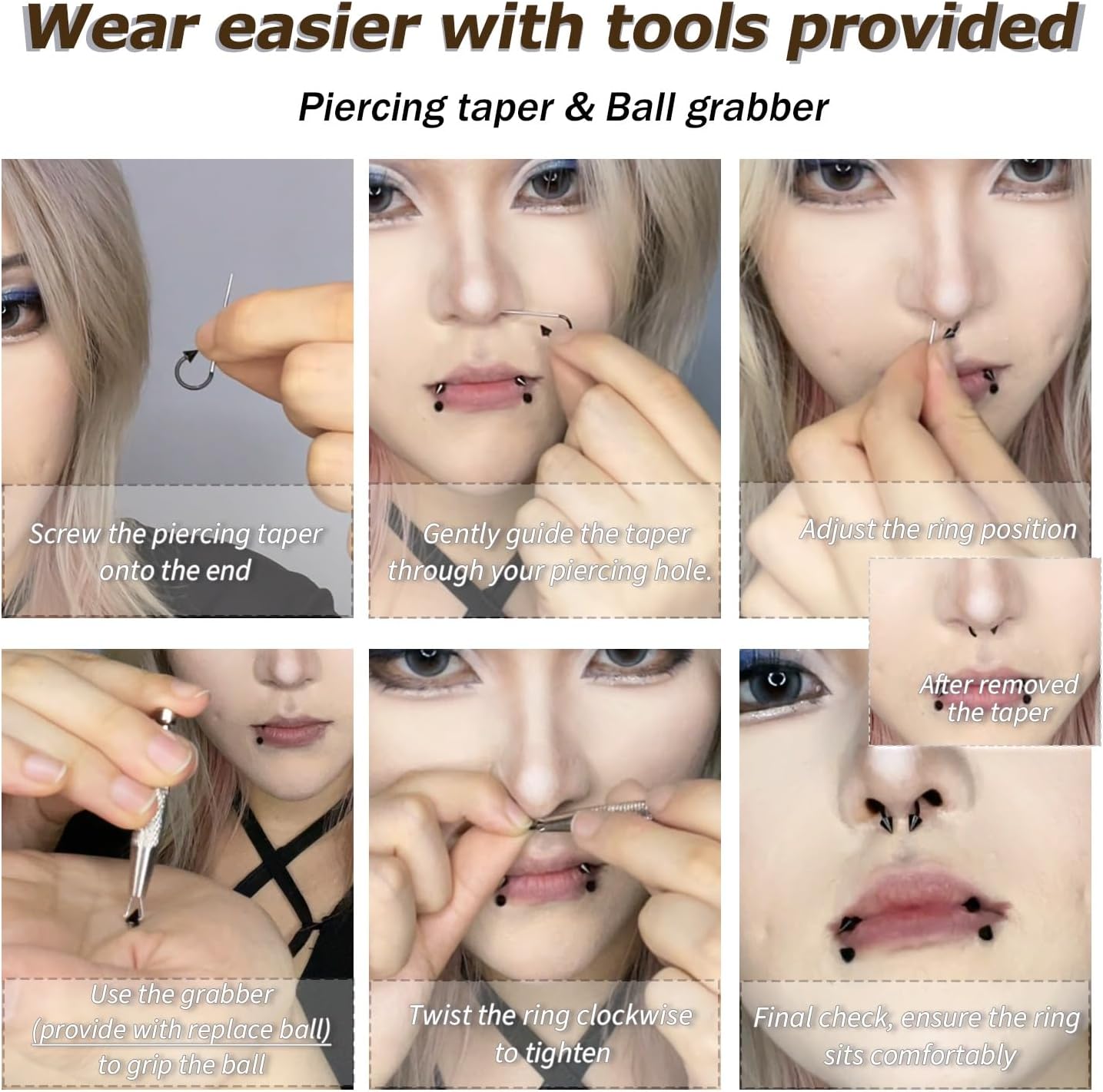 BodyBonita G23 Titanium Horseshoe Nose Rings Septum 16G with Threaded Piercing Taper/Pick Up Tool/Replacement Balls for Piercings - Circular Barbell/Spike Lip Piercing Helix Daith Jewelry for Women - Image 5