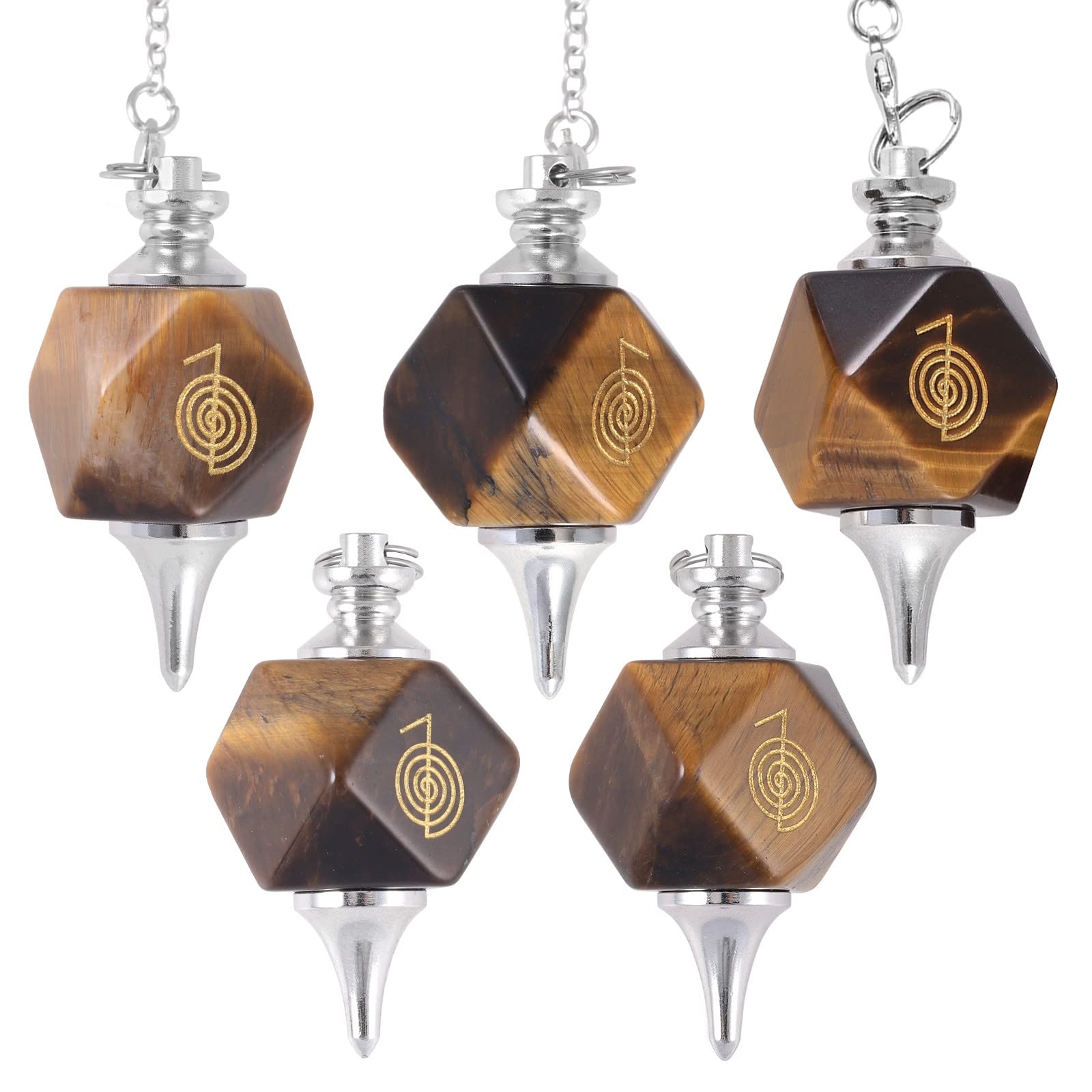 Mookaitedecor - Péndulo de cristal natural con símbolo Reiki para radiestesia y adivinación, péndulo poliédrico de piedra de cristal Reiki con cadena para meditación y herramienta Wicca, ojo de tigre