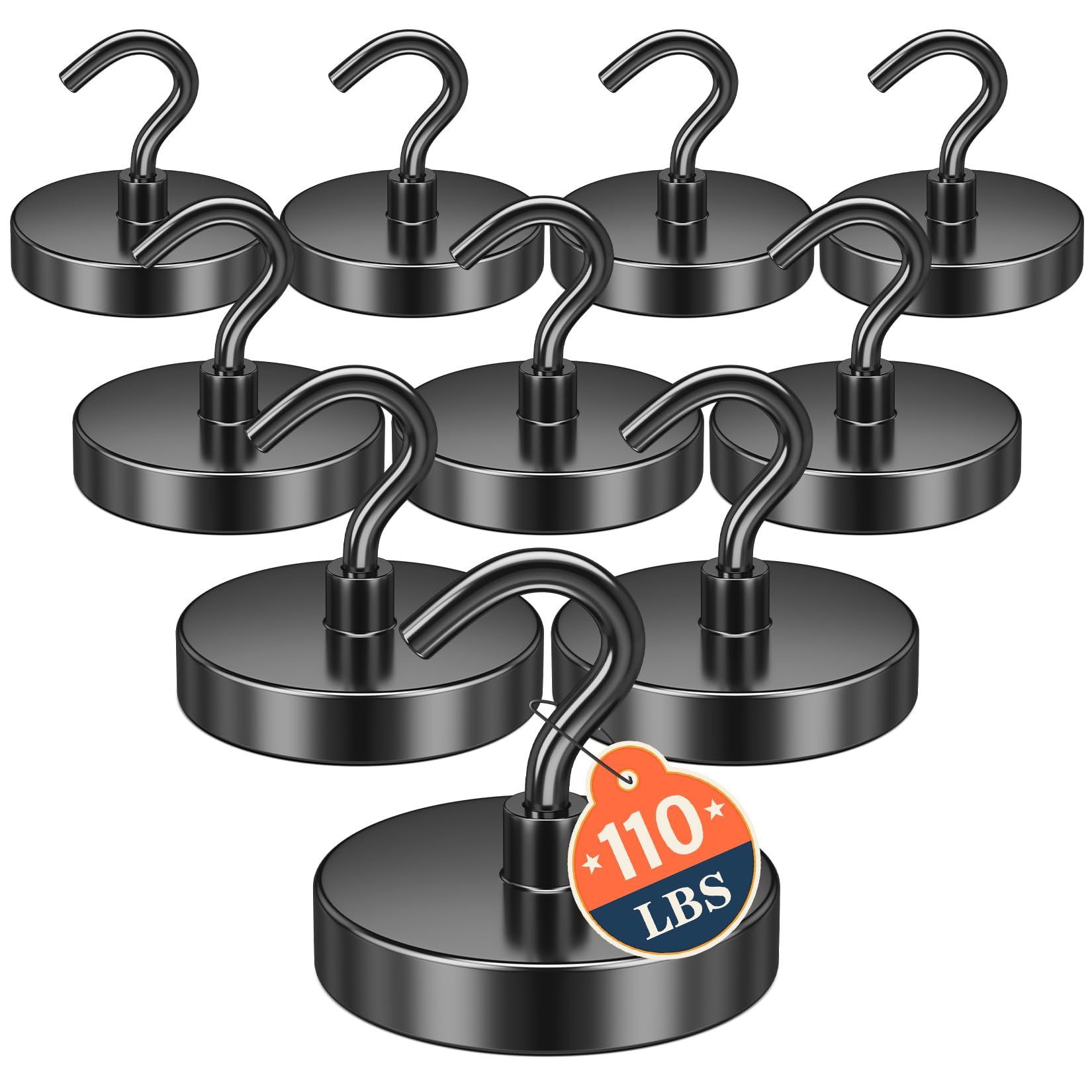 FINDMAG 10 Pack Black Magnetic Hooks, 110LB+ Heavy Duty Magnets with Hooks