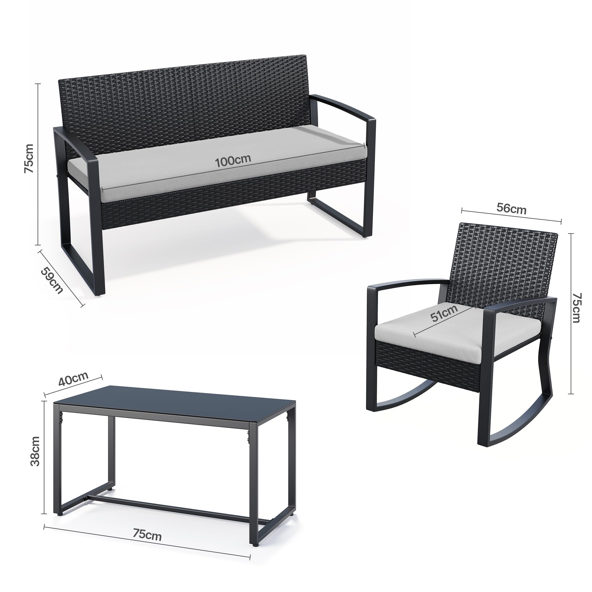 Xbro Salon de Jardin 4 Pièces en Résine Tressée avec Fauteuil Double, 2 Fauteuils à Bascule et Table Basse en Verre, Mobilier d’Extérieur pour Terrasse et Balcon, Coussins Déhoussables Gris