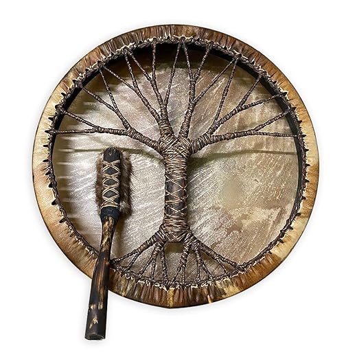QNQA Shaman Drum, Tree of Life Decoration Design, Handmade Shamanic Drum, Symbol of the Siberian Drum Spirit Music,Leather + Wood, QNQA-4
