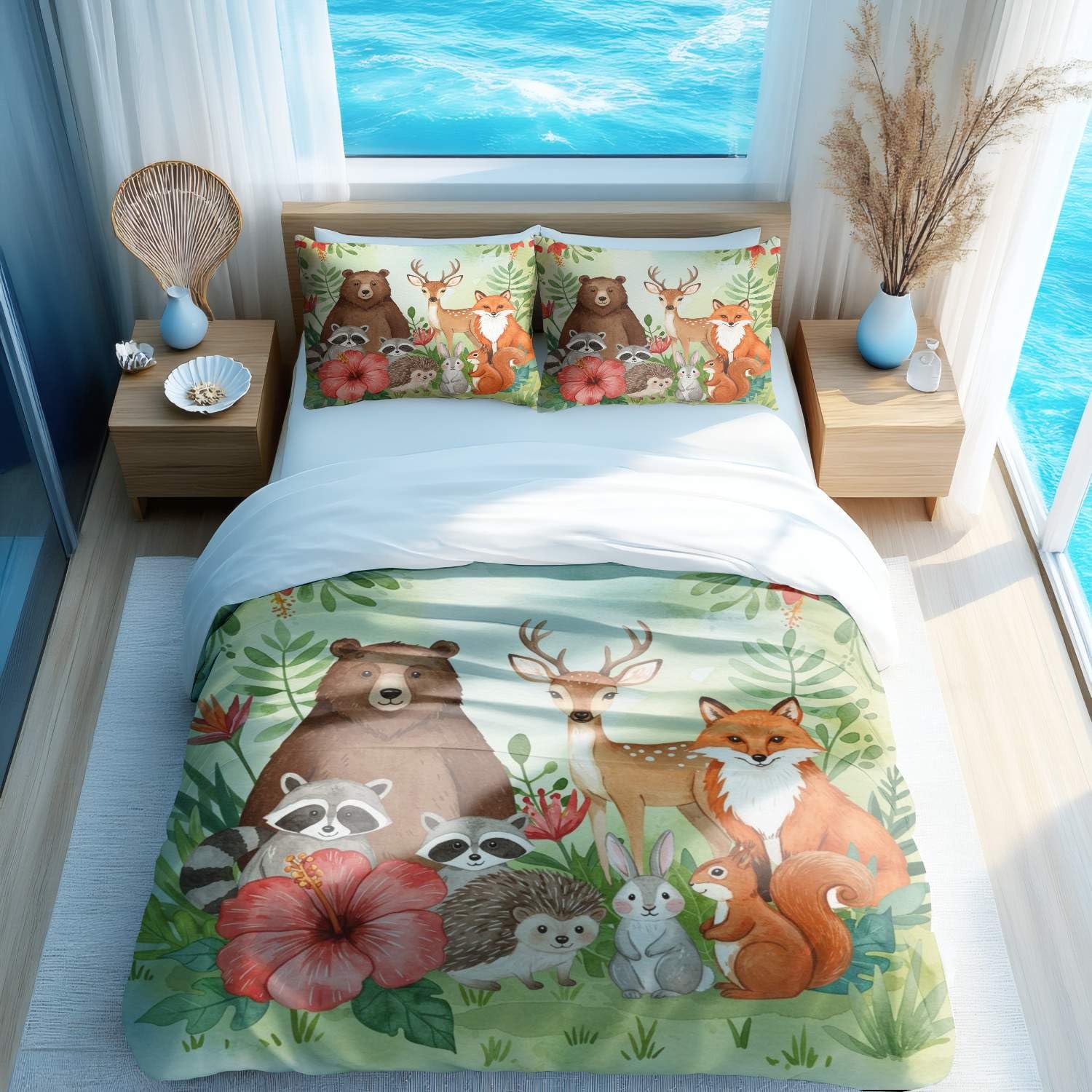 Housse de couette imprimée aquarelle forêt lit double avec 2 taies d'oreiller 50x75