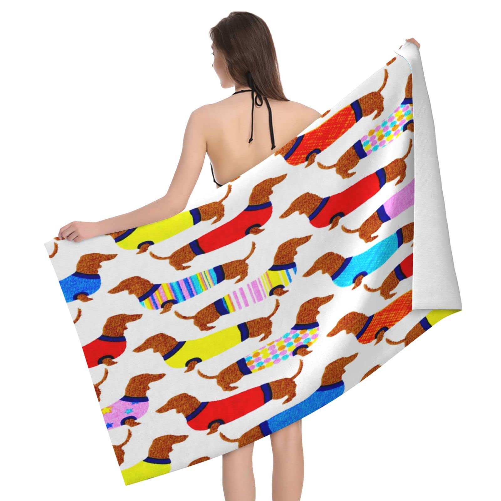 Lawenp Colorful Dachshund Beach Towel, Lightweight Sand Free Quick Dry Microfiber Absorbent Bath Towel for Kids, Adults, Swimming, Bath, Yoga, Pool, Travel, Camping 32"X52"