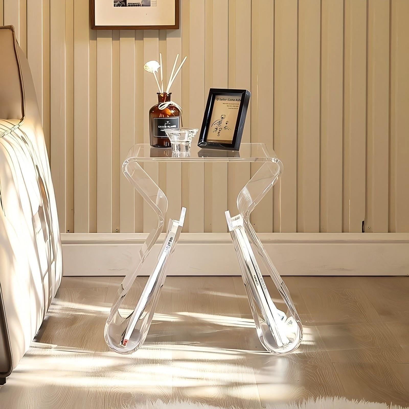 SXZenSpace Acrylic Side Table Geometry Nightstand End Transparent Coffee for Living Room & Office Space Saver(Clear)