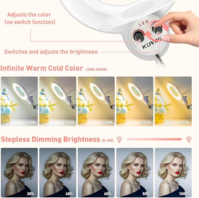 KUVRS 10X Magnifying Floor Lamp with Light, 5 Wheel Rolling Base Esthetician Light, 2200 Lumens Infinite Warm & Cold Dimming LED Magnifier, Standing Mag Lamp for Sewing Drawing Crafts Facial Nail photo 6