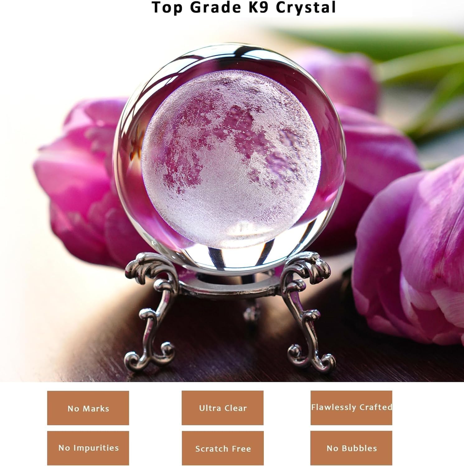 Neouth 60mm(2.3inch) Moon Crystal Ball Paperweight 3D Laser Engraved Quartz Glass Ball with Stand Sphere Table Decor Crafts 2