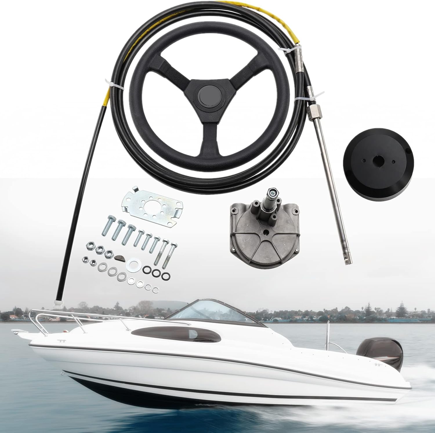 MOFANS 16' Boat Steering Cable 16' Outboard Steering Cable with 13" Wheel Marine