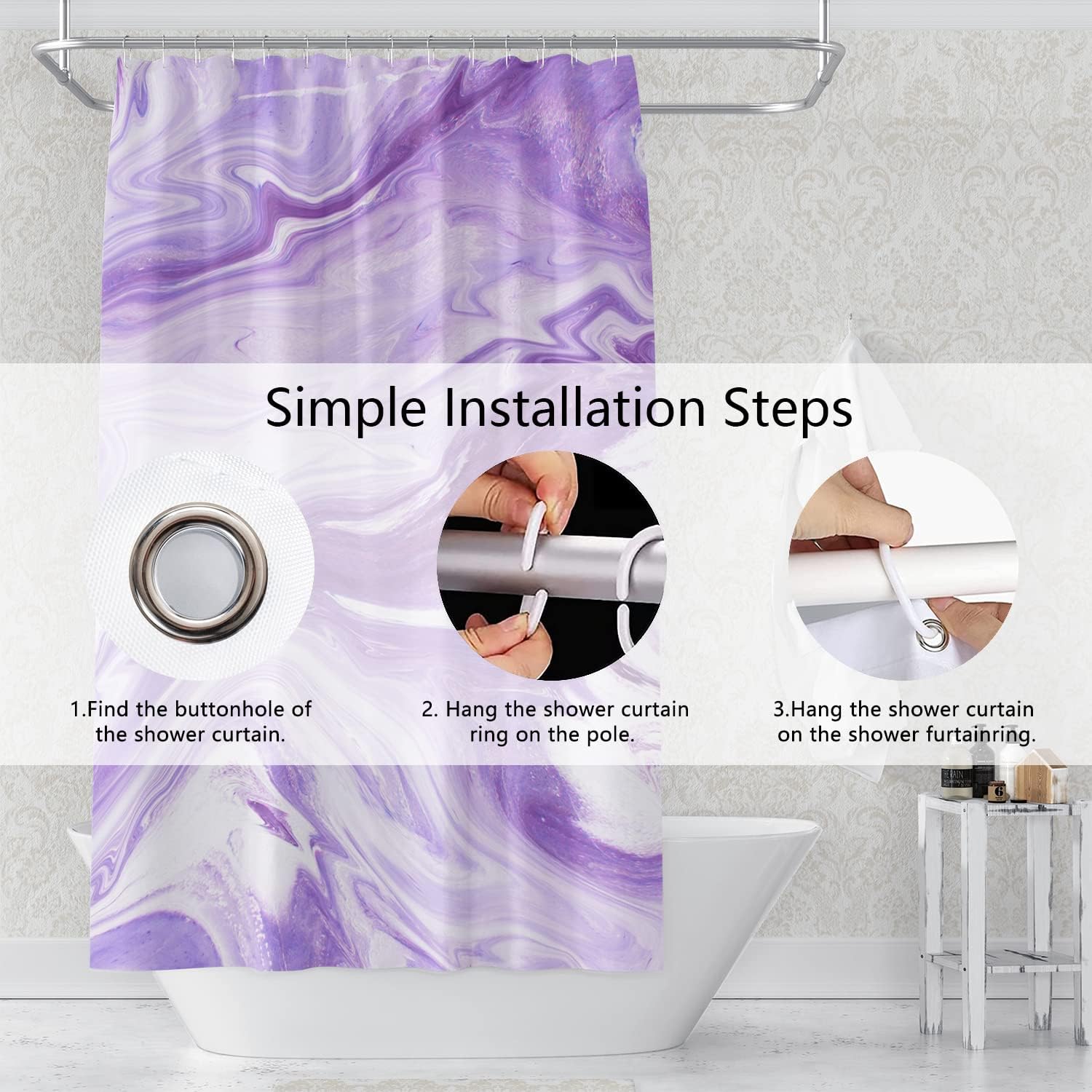 Purple Marble Shower Curtain Abstract Lavender Pattern Elegant Texture Bath Curtain for Bathroom Decor Modern Luxury Art Waterproof Fabric Shower Curtain Set with Hooks, 72x84 Inch