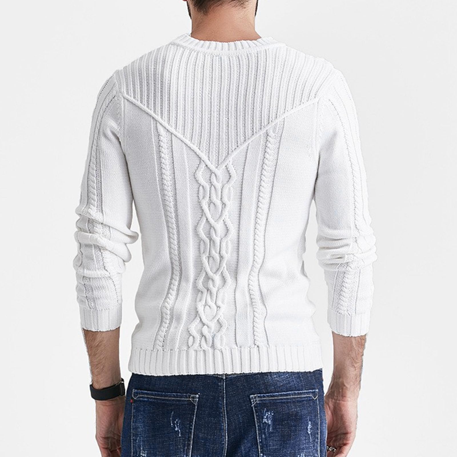 Maglione da uomo a girocollo lavorato a maglia, grosso, caldo e accogliente | Stile spesso invernale, maniche lunghe raglan, tinta unita di base, maglione casual lavorato a maglia con bordo a costine