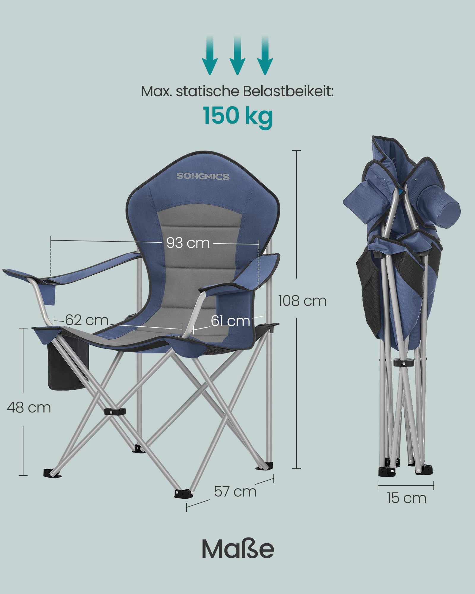 SONGMICS Campingstuhl, klappbar, Klappstuhl, breiter Sitz, hohe Rückenlehne, Outdoor-Stuhl, tragbar, Outdoor-Stuhl, mit Getränkehalter, Handyhalter, Stoff-Organizer, blau-grau GCB005QE01