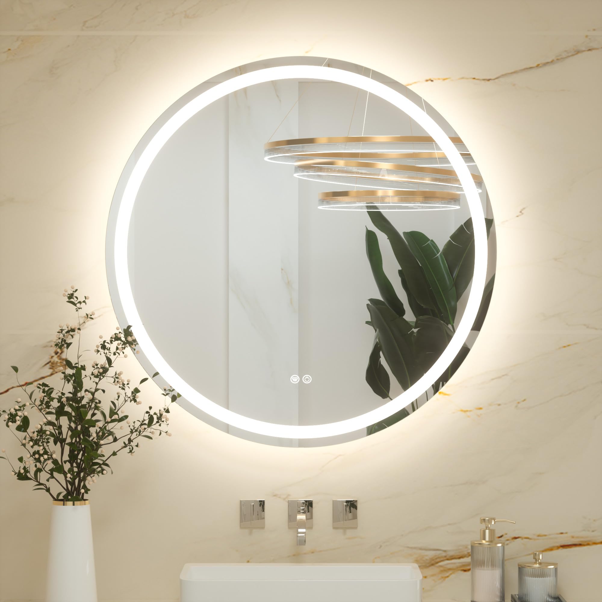Keonjinn 80cm Round Bathroom Mirror with LED Lights, Illuminated Light Up Bathroom Mirror with Back and Front Lit Light, Anti-Fog Wall Mounted Vanity Mirrors 3 Colors Dimmable, Memory Function
