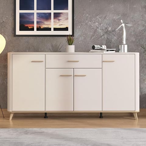 Dmora Credenza Fuketo 180x40x91h cm Bianco Crema 3 Ripiani un Cassetto, Madia 4 Ante