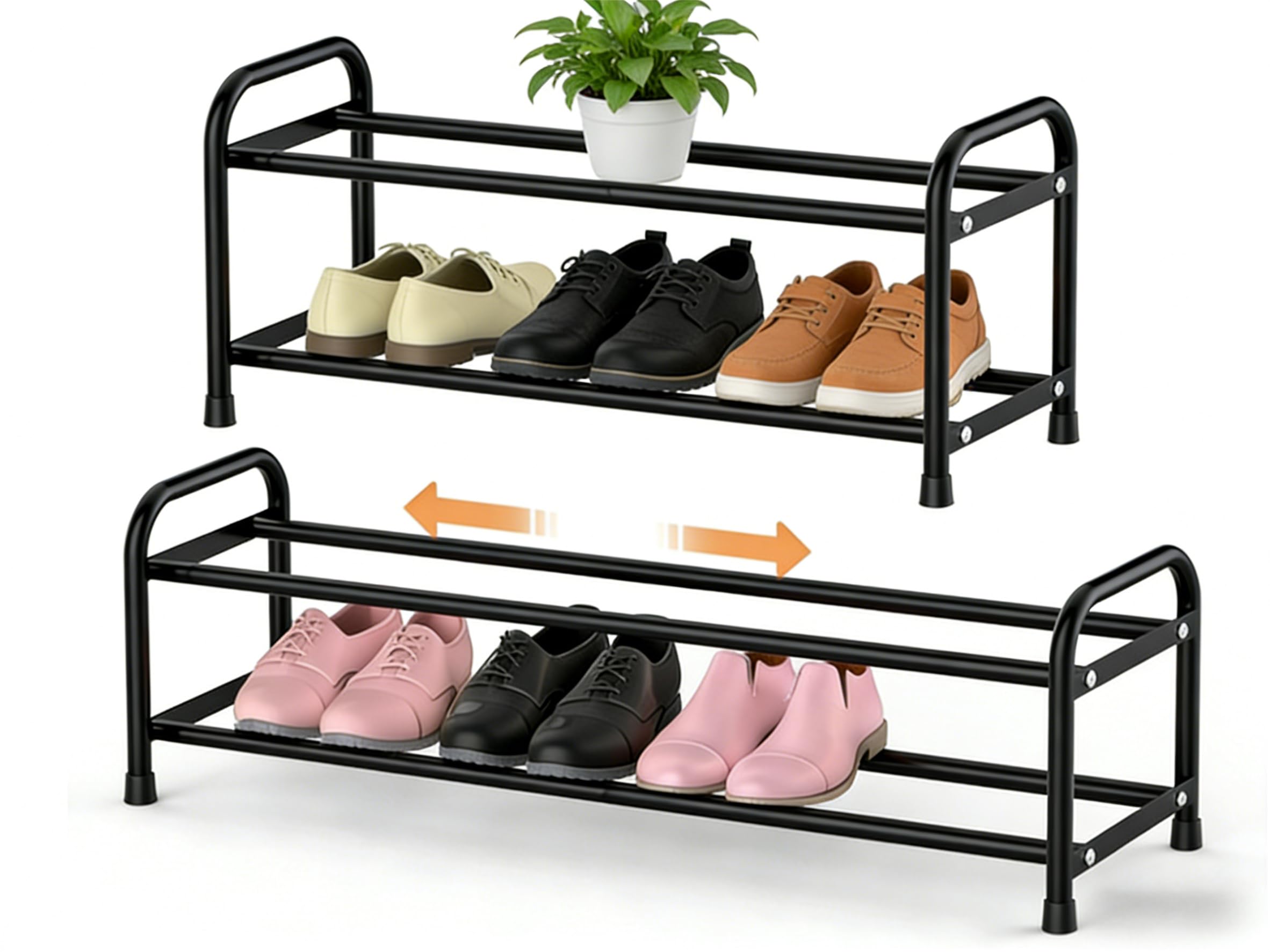 Scarpiera Espandibile 2 Ripiani, Scarpiera Piccola da Regolabile 42-78 CM, Scaffale Portascarpe Aperto Metallo per 4-8 Paia di Scarpe, Poggiascarpe Metalliche per Ingresso, Armadio, Soggiorno