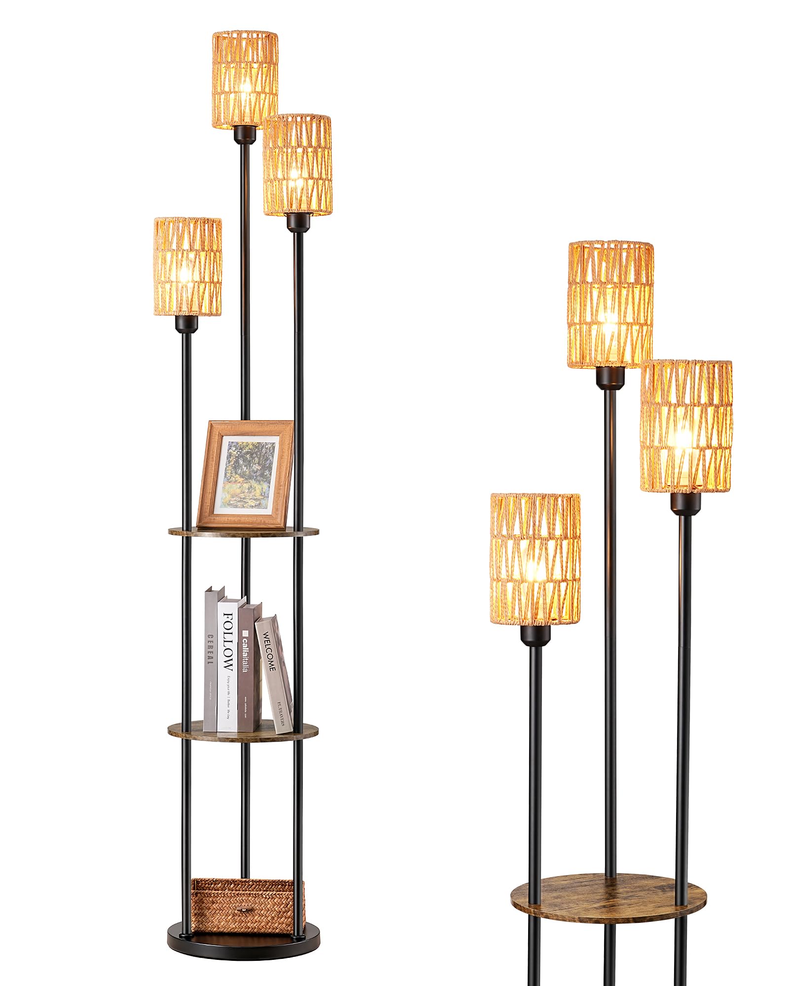 EDISHINE Stehlampe Wohnzimmer 178cm, 3-flammige Vintage Stehleuchte mit Regal & Rattan-Lampenschirm, 3 x E27-Fassung, inkl. Leuchtmittel, Boho Stehlampe mit Fußschalter für Schlafzimmer und Büro