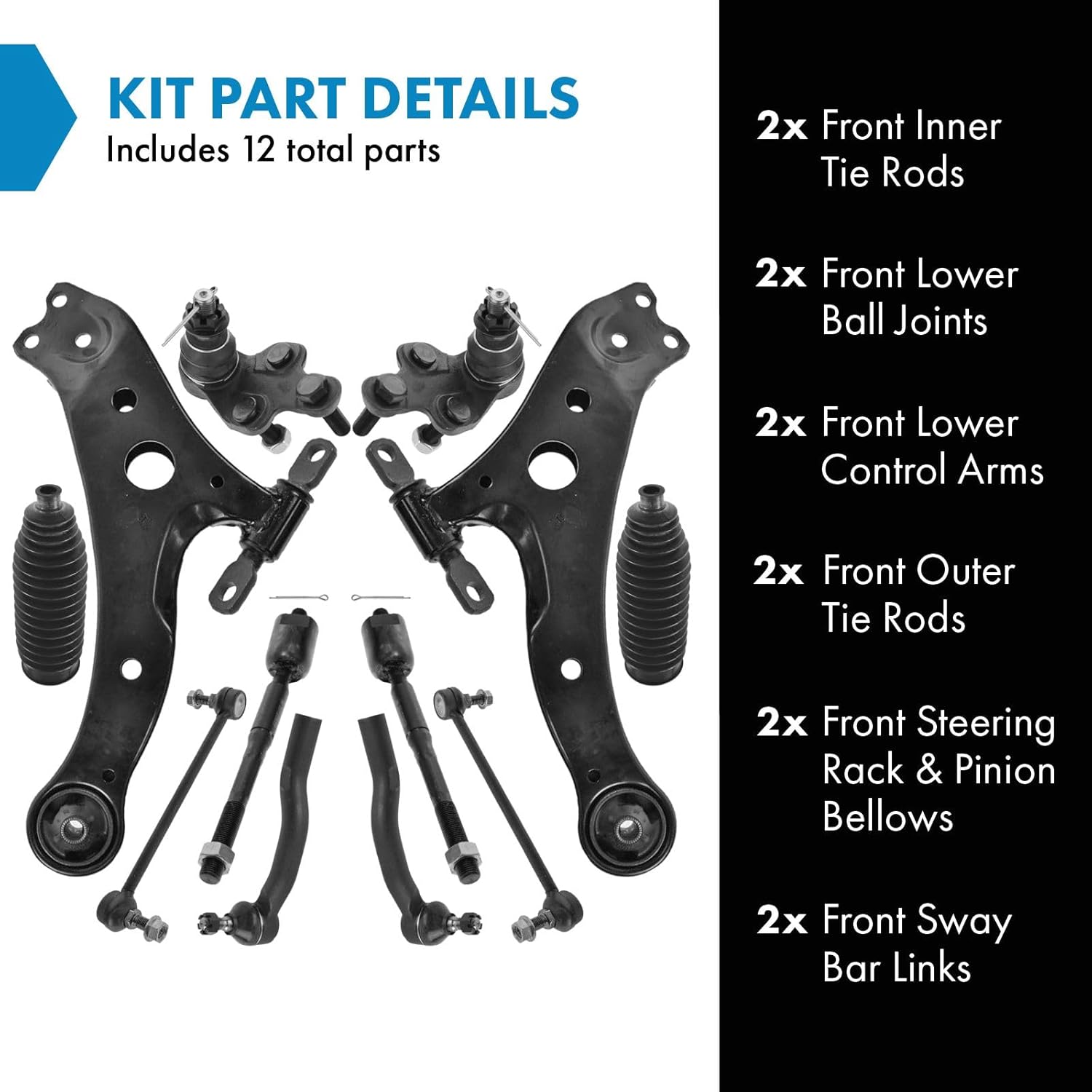 TRQ Front Steering & Suspension Kit Ball Joint Control Arm Steering Rack & Pinion Bellow Sway Bar Stabilizer Link Tie Rod Compatible with 2004-2006 Lexus ES330 Toyota Camry 2004-2008 Solara