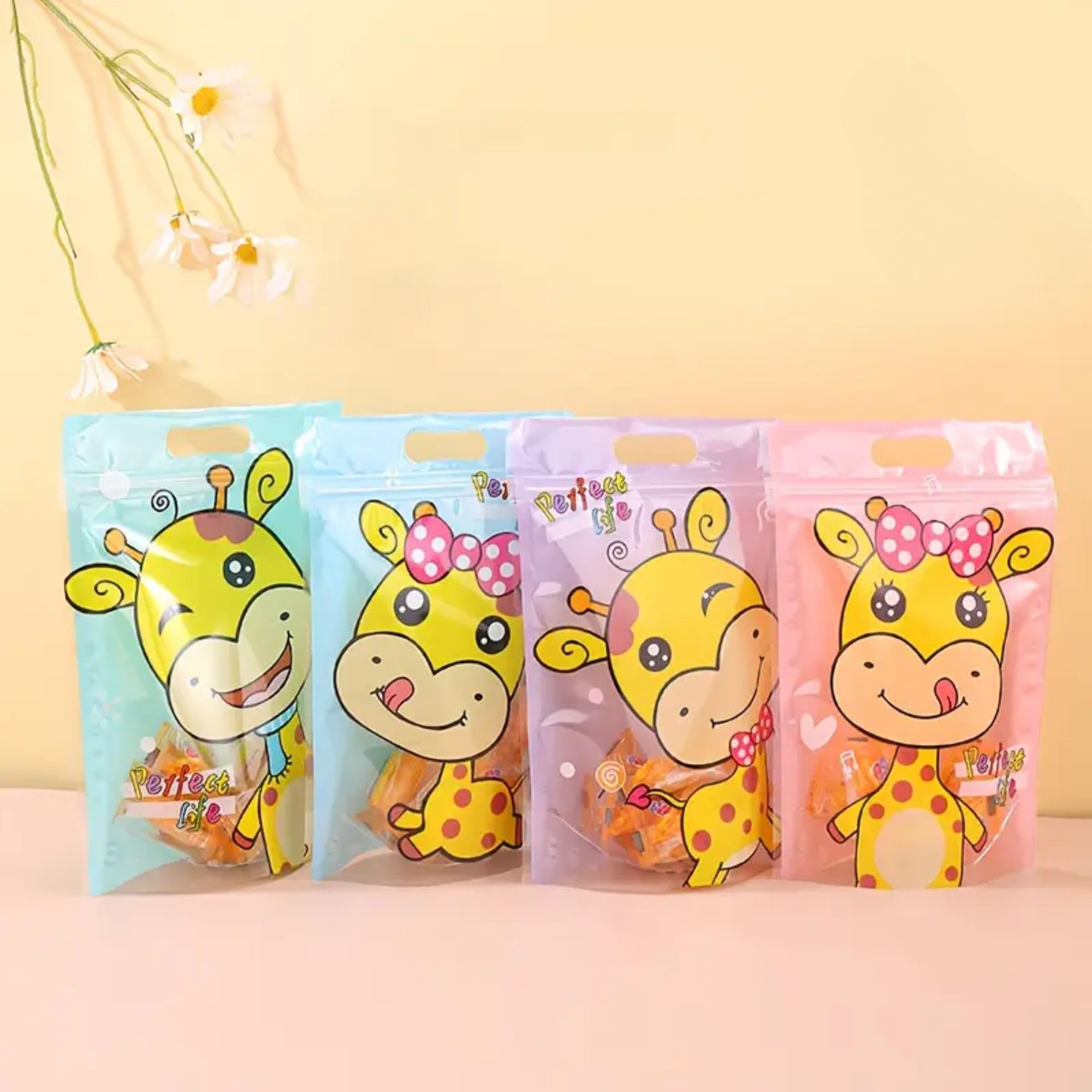 Birthday Popper 50 Pcs Giraffe-Themed Ziplock Gift Bags (23x15cm) – Reusable Airtight Standee Pouches for Kids Birthday Return Gifts, Candy, Party Treats – Colorful Bags for Boys & Girls
