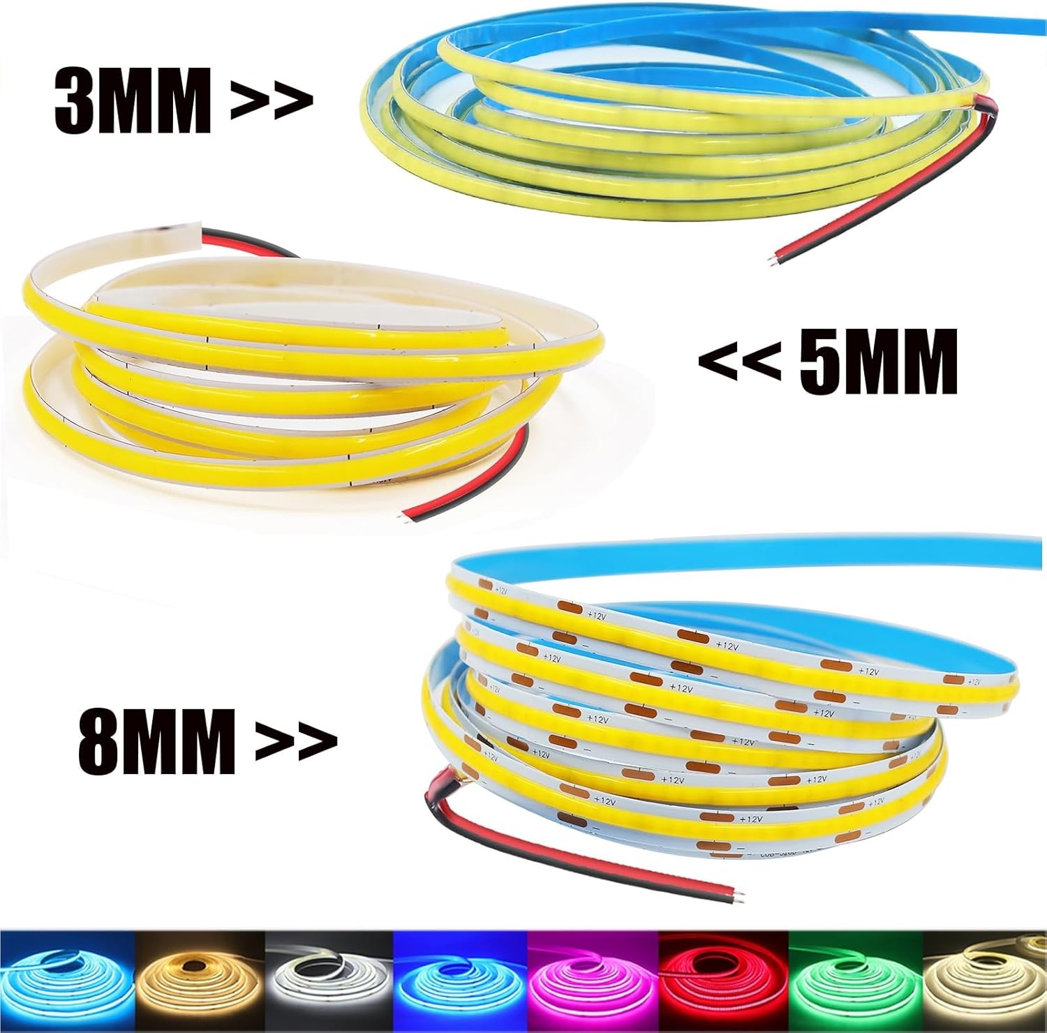 DC 12V COB LEDストリップ | 320LED/m、幅3MM/5MM/8MM、ホワイト/ピンク/レッド/イエロー、フレキシ