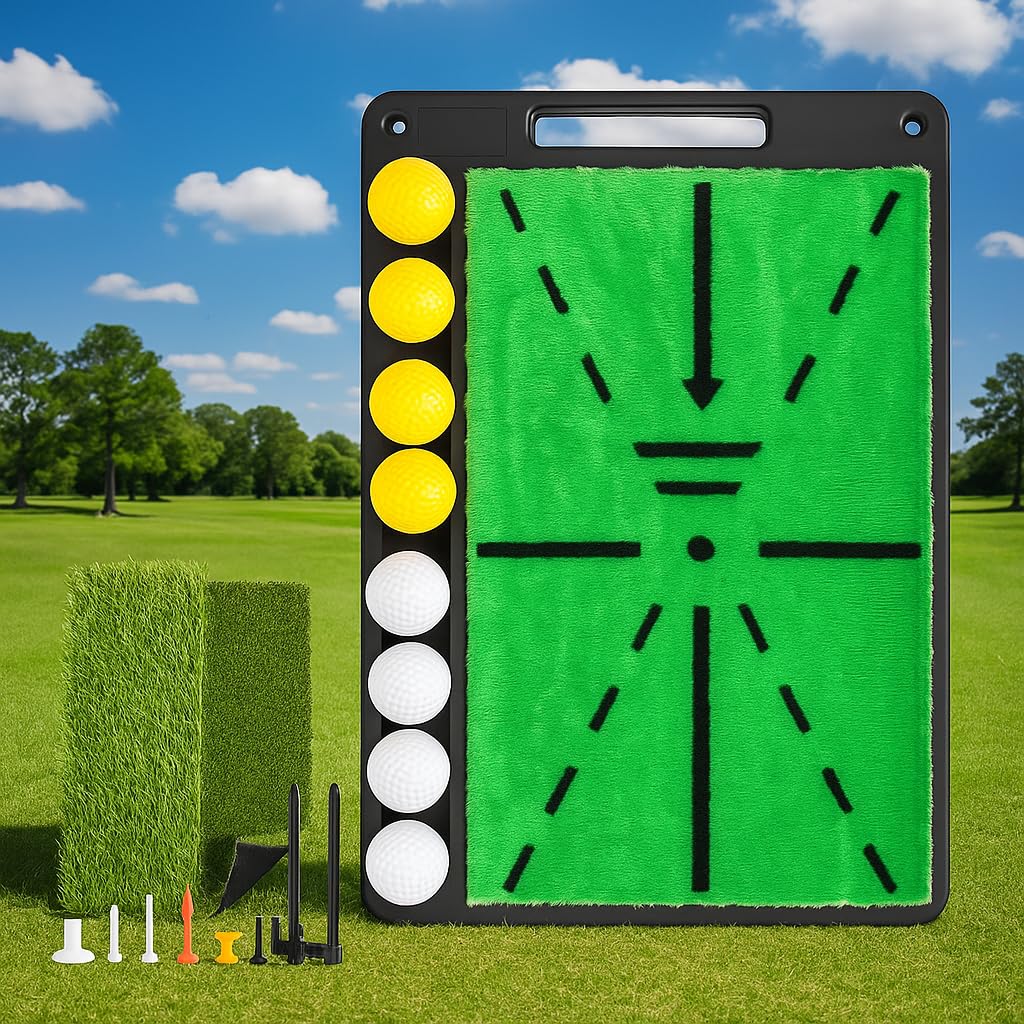 Golf Abschlagmatte, 38.5x24.5cm Golf Übungsmatte mit Dual-Turf (35mm Rough & 10mm Fairway), Schwungbahn-Feedback, Komplettes Trainingsmatte Set inkl. 8 Bällen + 7 Tees, für Indoor/Outdoor