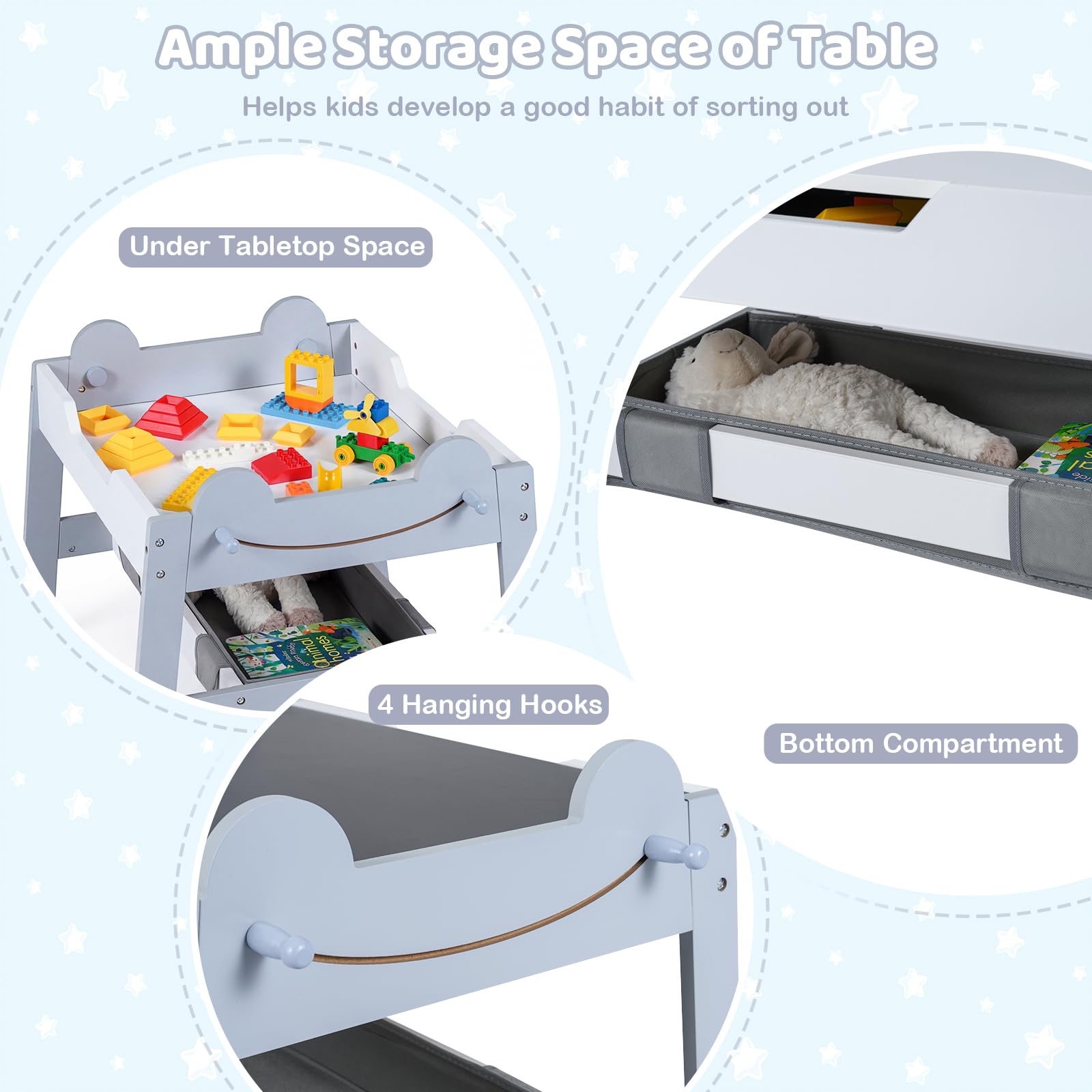 LIFEZEAL Tavolo Bambini con 2 Sediel, Tavolino Legno 5 in 1 con Piano Reversibile Lavagna/Bianco, 4 Ganci, 2 Cassetto in Tessuto, 1 Contenitori, per 3 Anni+ (Grigio, 70 x 60,5 x 50 cm)
