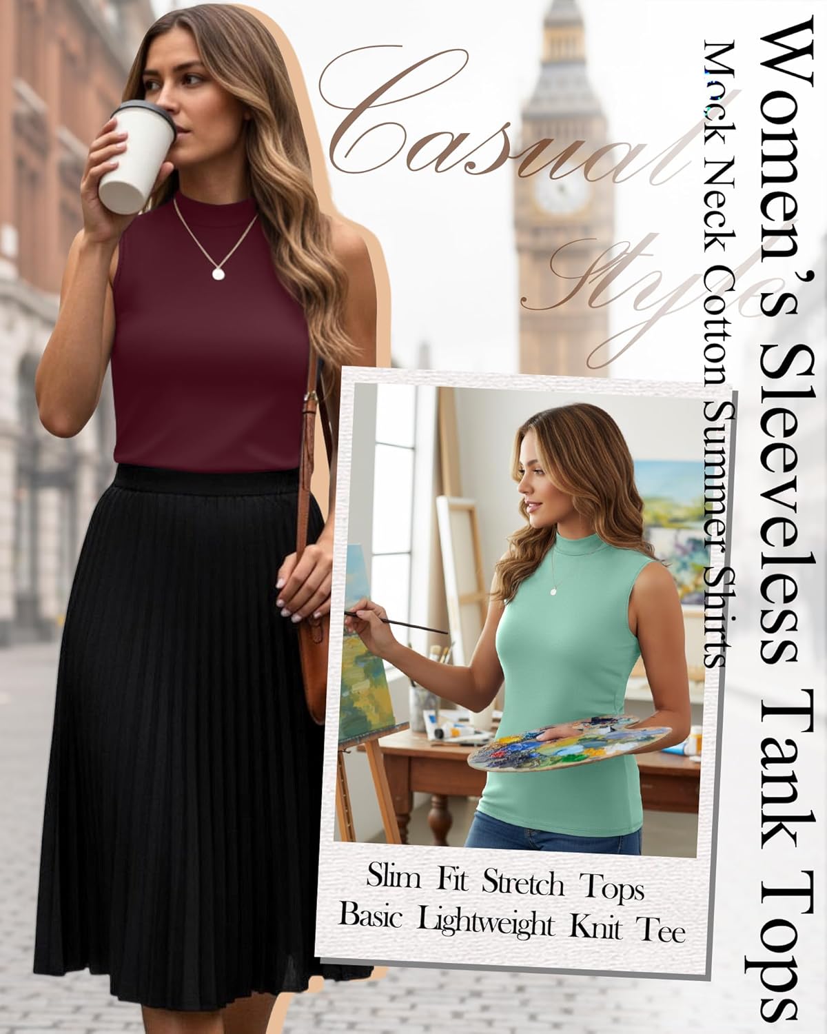 Ficerd 3 Pack Women's Sleeveless Tank Tops, Mock Neck Summer Shirts Slim Stretch Basic Tops Lightweight Knit Tee - Image 5