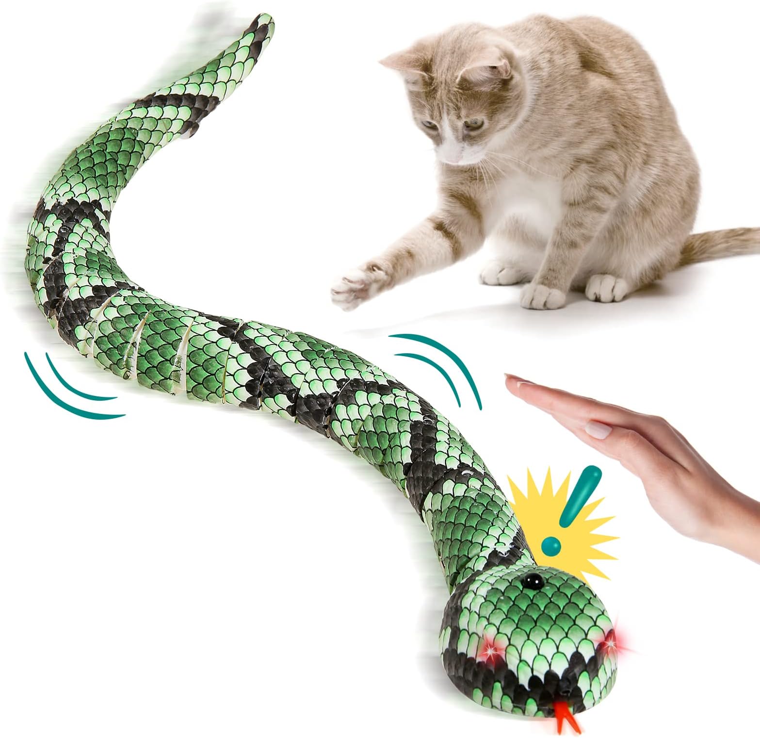 FauKait Interactive Toys for Cats Realistic Smart Sensing Snake Cat Toy Automatically Sense Obstacles and Escape, S-Shaped Moving Electro-Sensing Cat Snake Toy for Cats Pet(Green Snake)