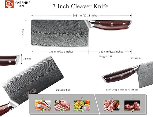 Miniatura 3 de YARENH Cuchillo chino de 7 pulgadas, cuchillo de chef de Damasco para cocina, 67 capas de acero inoxidable de alto carbono, mango de sándalo