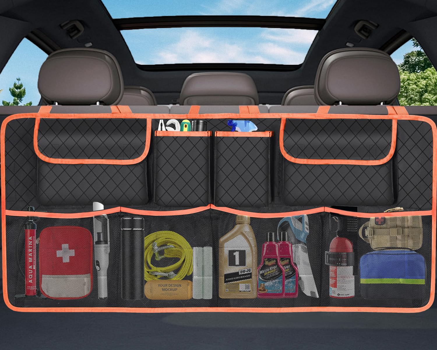 NEWFOM Car Trunk Organizer, Backseat Hanging Storage, 8 Pockets, 42x18 in, 300D Polyester, Orange