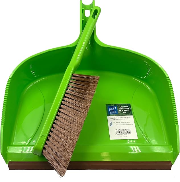 Deluxe Garden Dustpan and Brush Set  Large Dustpan and Brush Heavy Duty with Medium to Stiff Hand Brush Bristles, Yard Cleaning Tool Outdoor Dustpan and Brush for Driveway Paths, Garden & Greenhouse