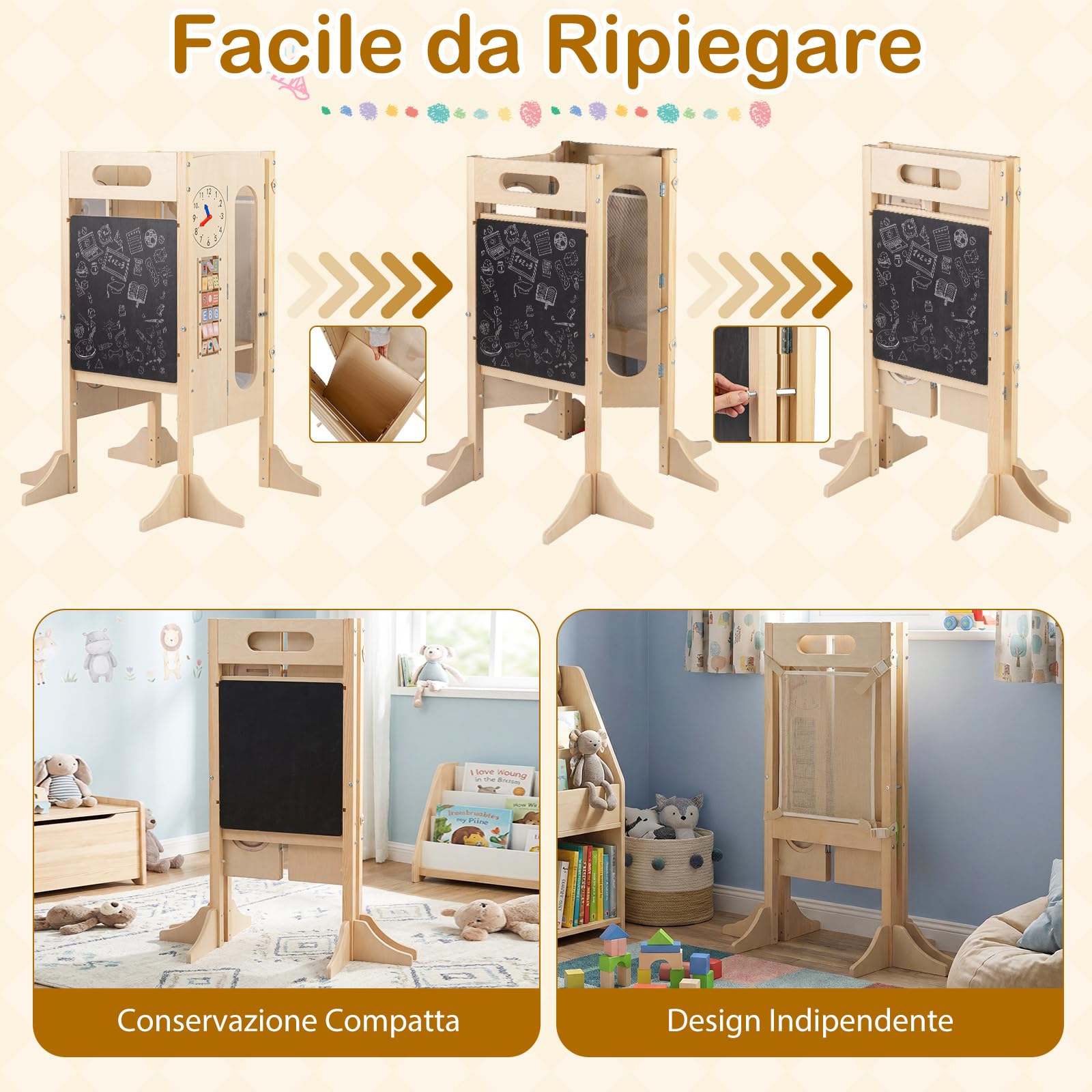 COSTWAY Torre Montessoriana Pieghevole per Bambini, Sgabello da Cucina in Legno con 2 Scalini e Rete Sicurezza, Torre di Apprendimento Montessoriana con Lavagna e Giochi Sensoriali per Bambini 3+ Anni