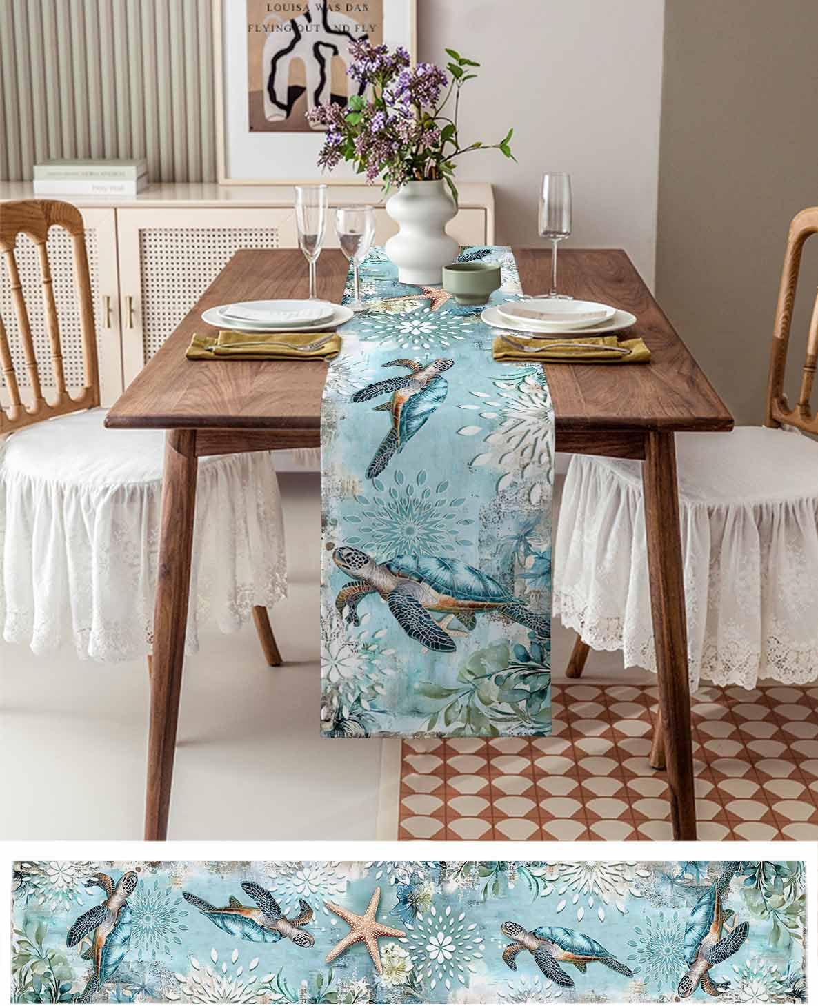 Sea Turtle Coastal Table Runner 120 Inches Long, Nautical Beach Farmhouse Dress Scarves, Vintage Teal Botanical Ocean Dining Tablerunner for Coffee Table/Kitchen Island/Party, 13" x 120"
