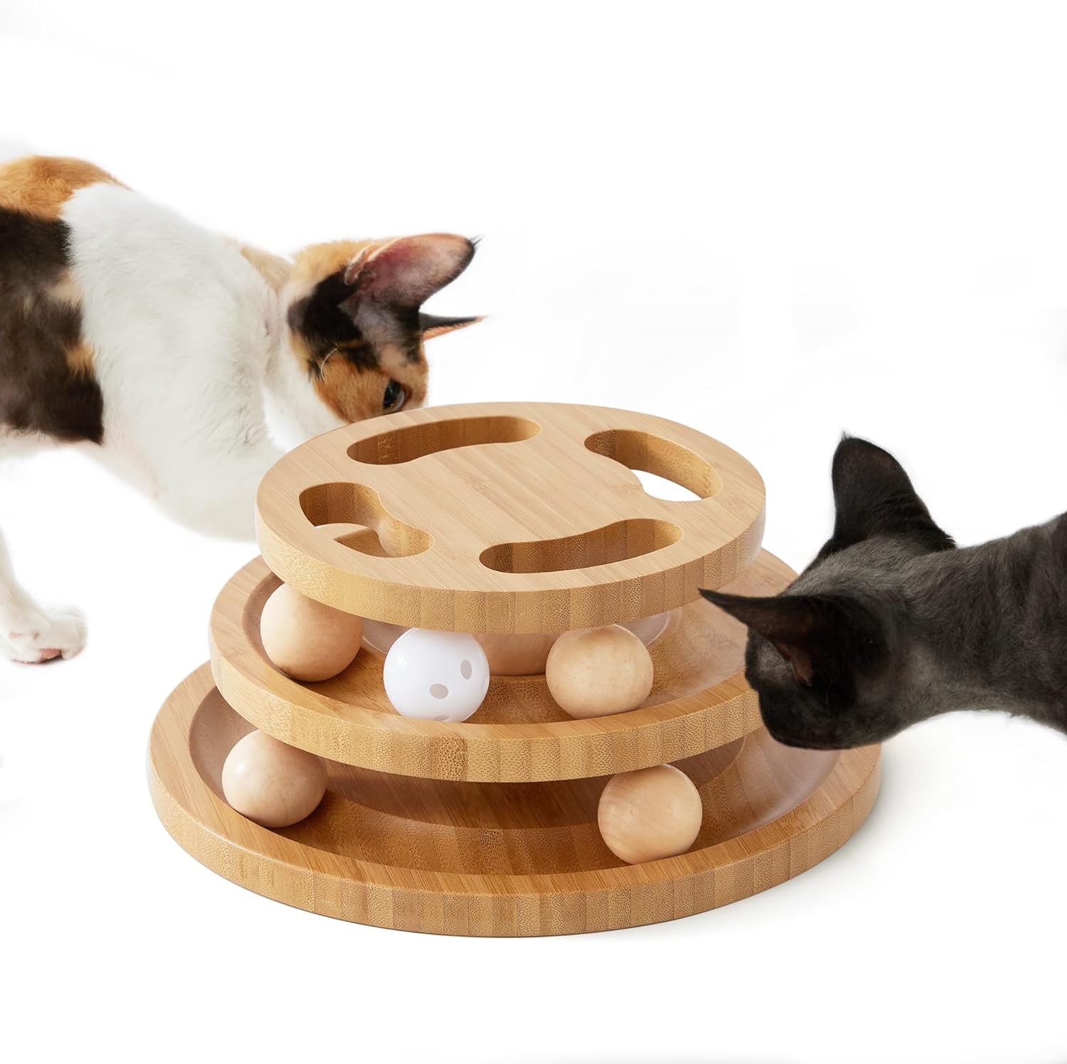 Cat Ball Track Toy with Puzzle Top, Wooden Cat Toys for Indoor Cats with Spinning Balls, Interactive Large Cat Ball Tower for Kitten Kitty Exercise Mental Physical