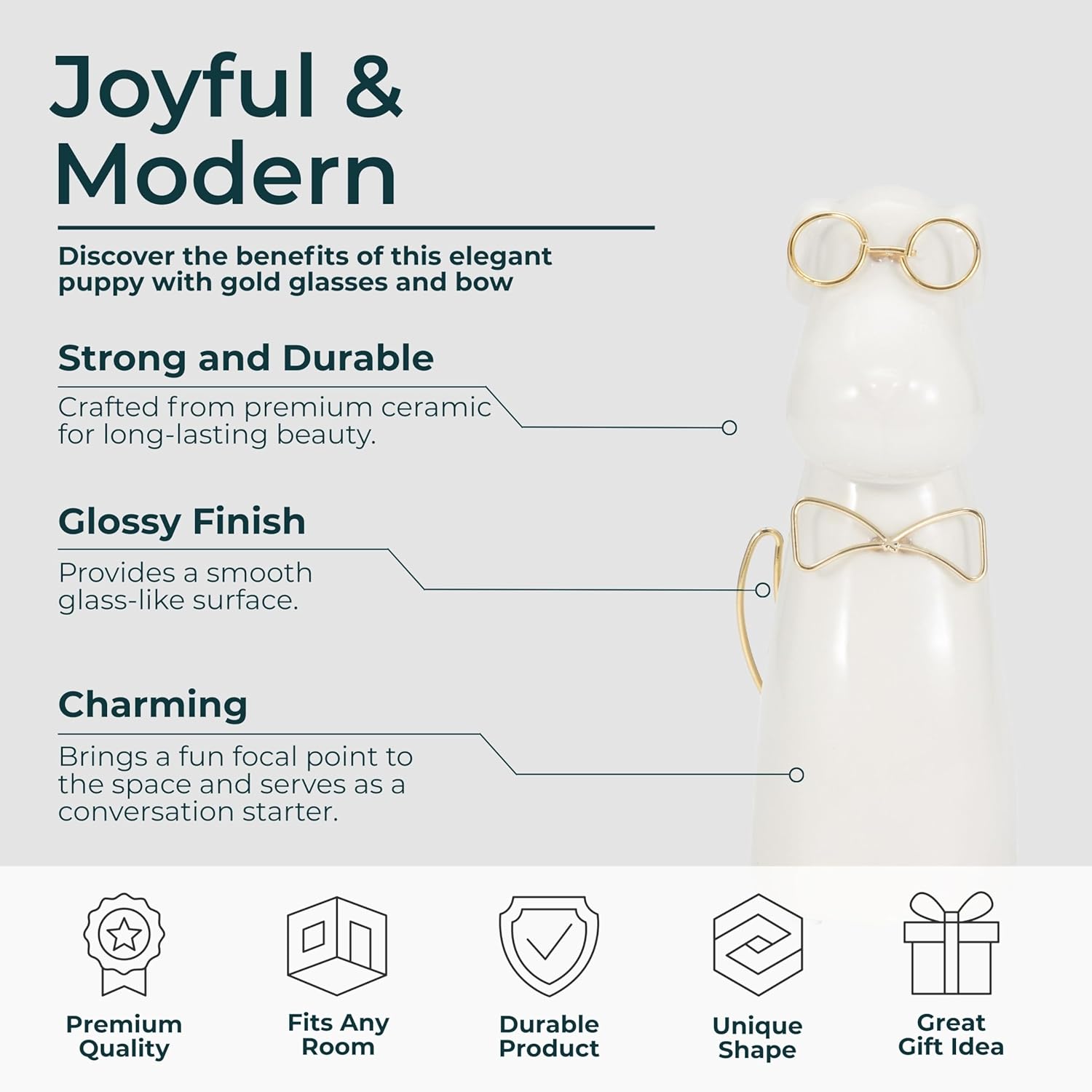 Ceramic Puppy with Glasses Home Decor Accent - Decorative Ornaments for Bathroom, Office Desk, and Living Room Decor - Glam Figurine Sculpture for Shelf or Coffee Table - 7", White & Gold