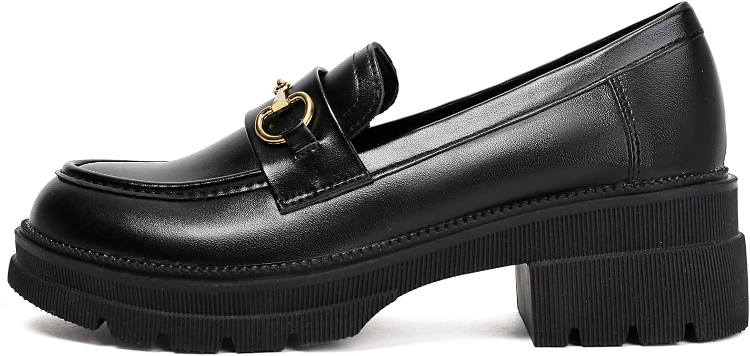 MASIKA Black Platform Loafers for Women - Women's Retro Slip-On Leather Loafers, Chunky Shoes for Work & Dressy Occasions. - Image 4