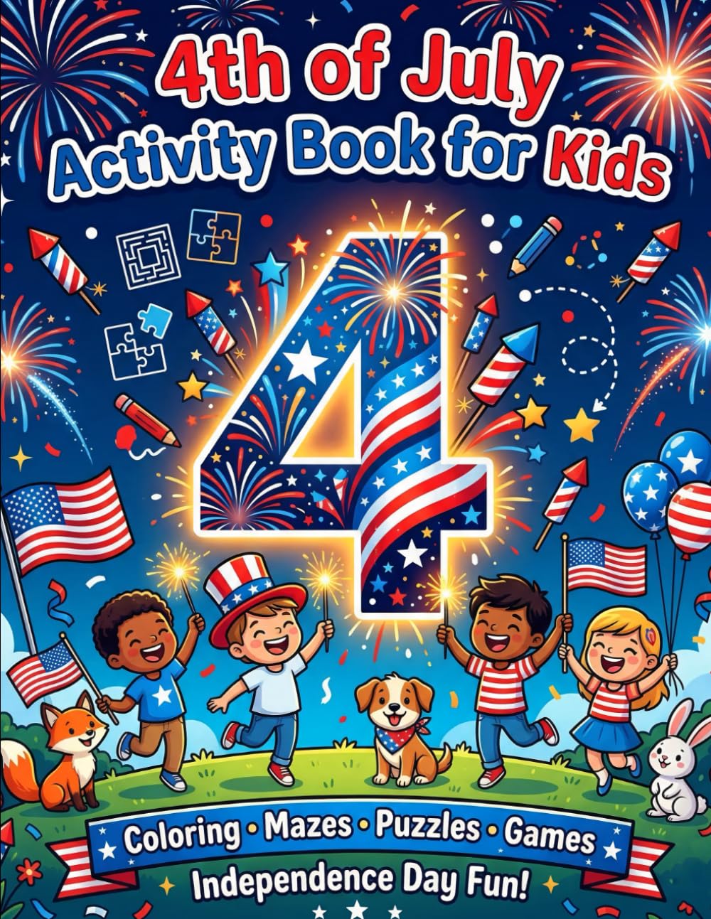 4th of July Activity Book for Kids: Fun Puzzles, Coloring Pages, Mazes, Word Searches & Patriotic Games for Childrens | Celebrate Independence Day with Creative Activities