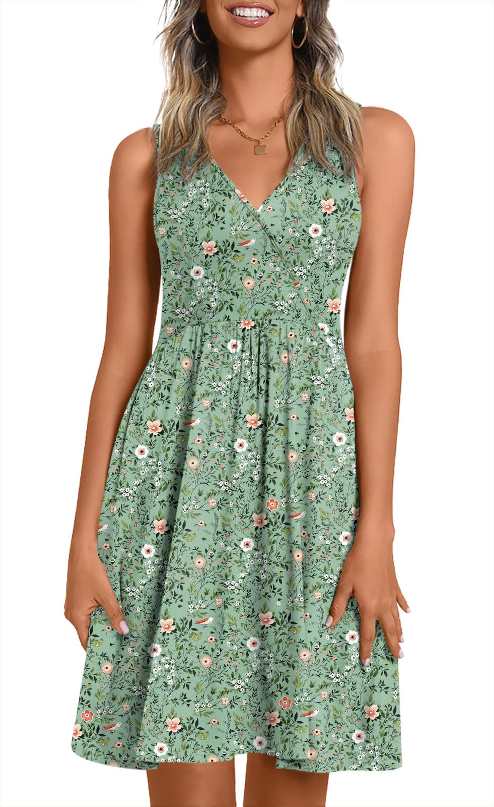 CATHY Women V Neck Sleeveless Dresses with Pockets Summer Sundress S-2XL
