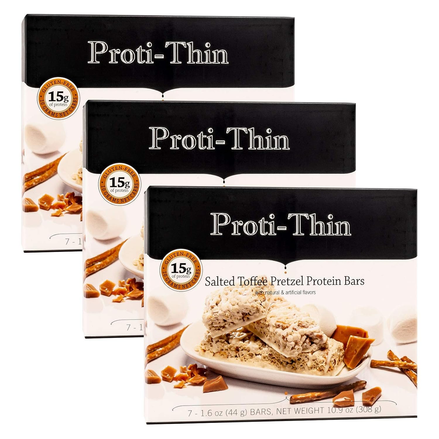 Proti-Thin Salted Toffee Pretzel Protein Bars, 15g Protein, Low Calorie, Very Low Carb (VLC), Low Fat, High Fiber Snack, KETO Diet Friendly, Ideal Protein Compatible, Gluten Free (3 Boxes - Save 5%)